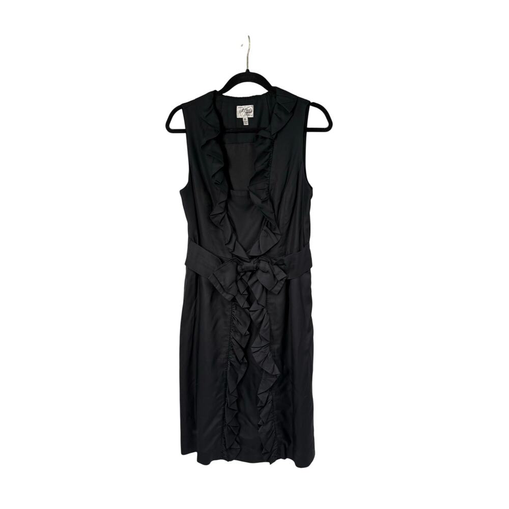 Milly NY Black Silk Blend Dress Ruffle Trim Bow Front Sleeveless Womens 10 LBD